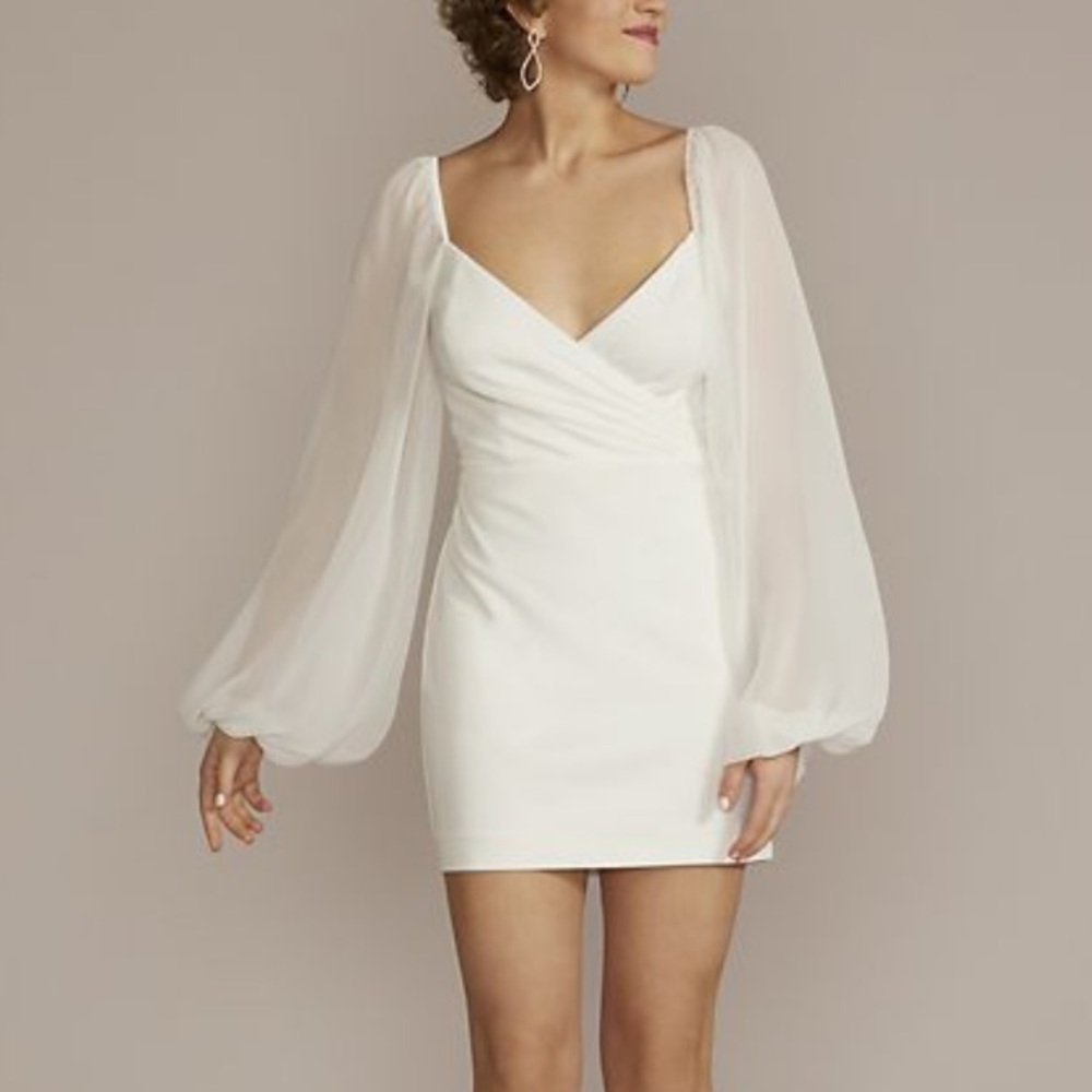 Puff sleeve a line mini dress in white David’s bridal